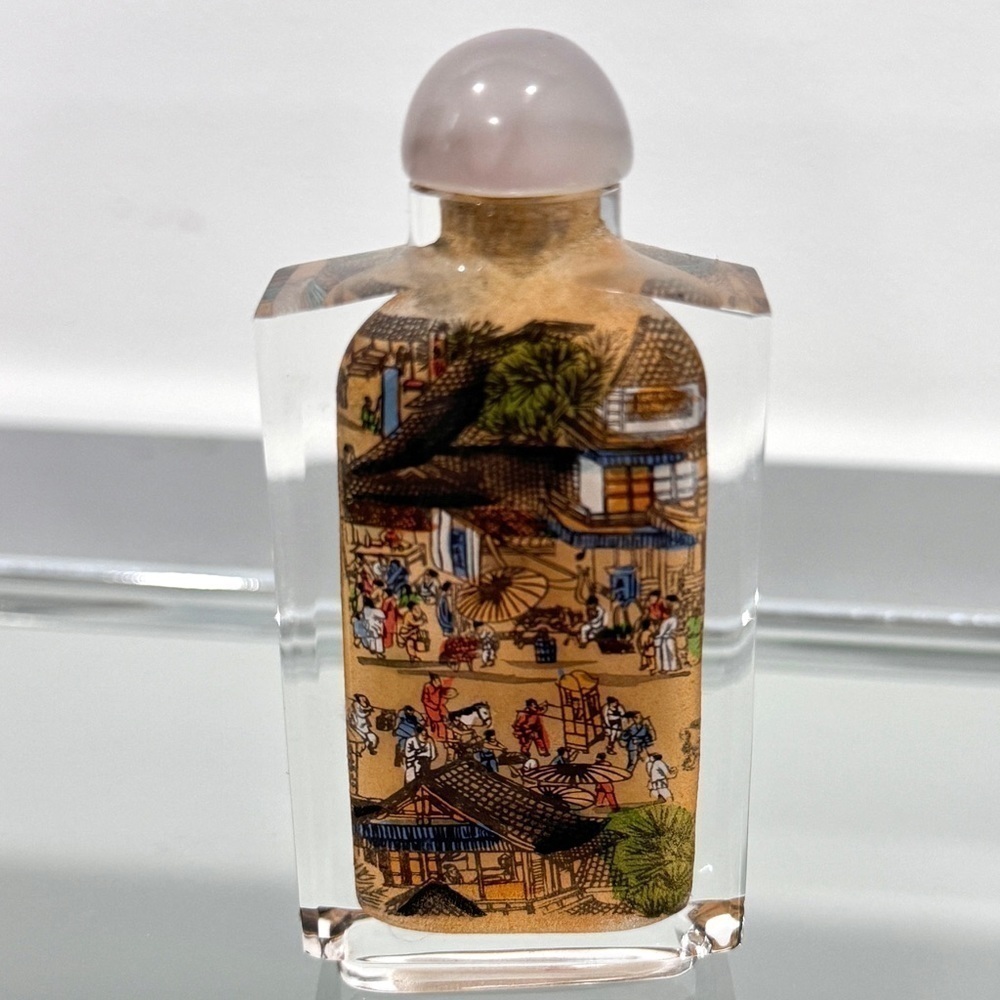Antique Chinese Reverse Painted Glass Village Scene Bottle 3”